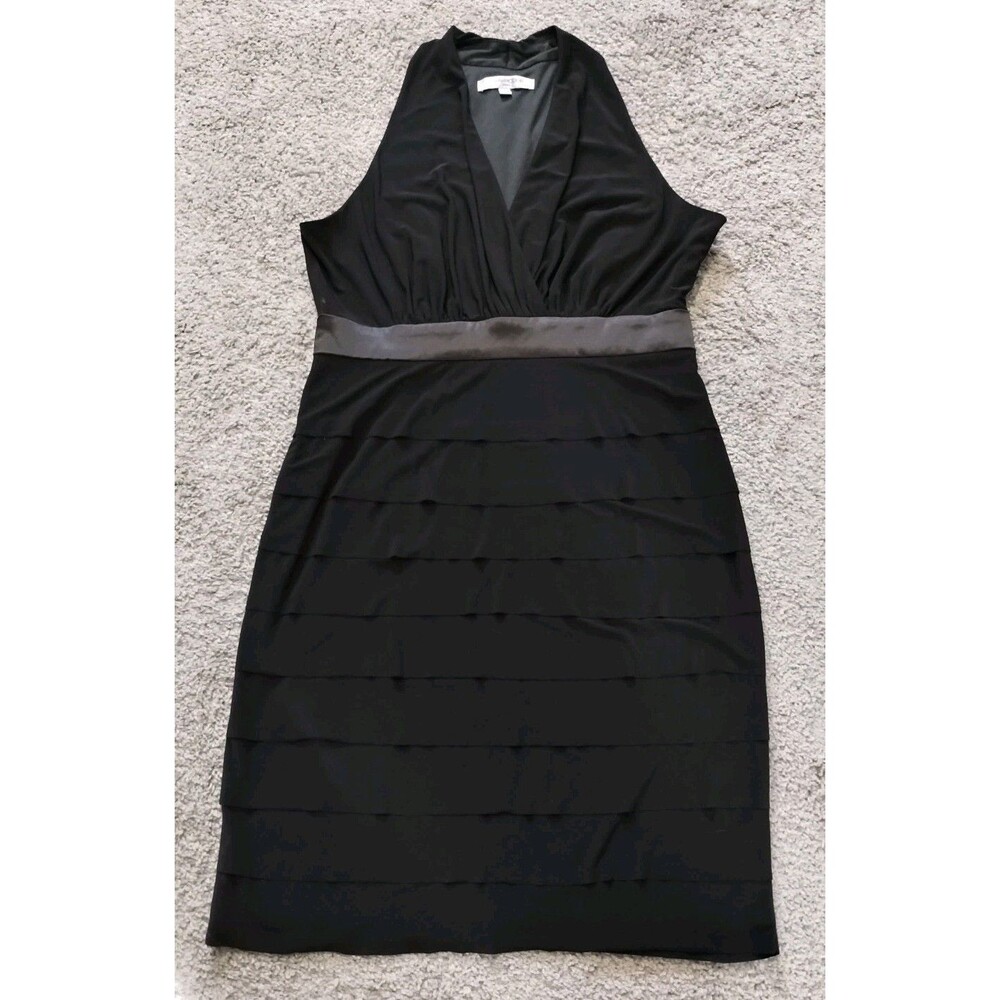 Evan Picone Black V-Neck Halter Knee Length Cocktail Pencil Dress Size 14 Ruffle